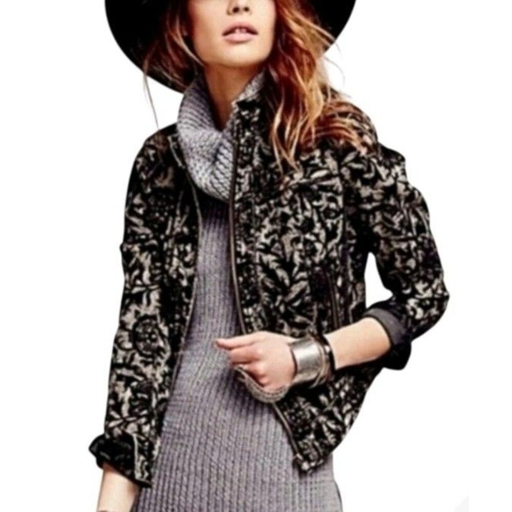Free People Follow The Flock Moto Jacket Floral Jacquard Black Green Size 4